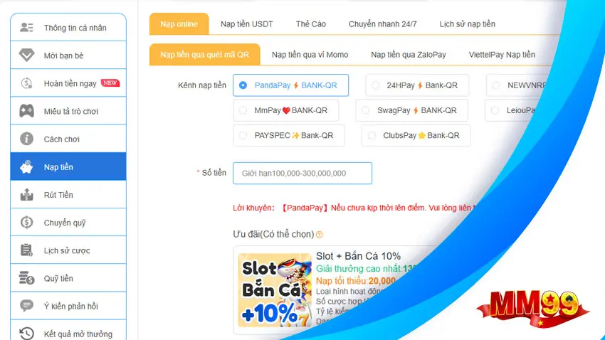 MM99 - Link Chính Thức Nhà Cái MM99 Slot Tặng 99K 10 mm99 cung cấp đa dạng phương thức nạp tiền